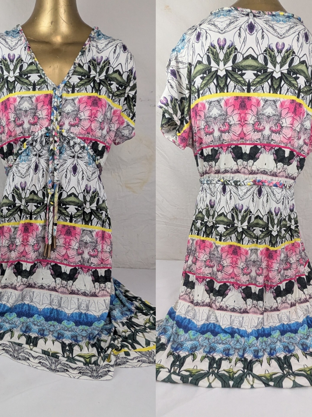 V Cristina Floral Print V-Neck Boho Dress with Bright Accent Stripes XL